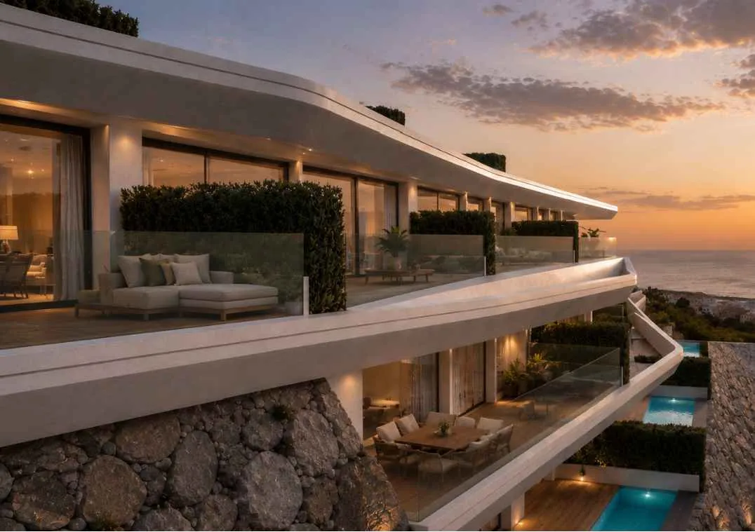 Terraza de una residencia al anochecer con vistas al Mediterráneo